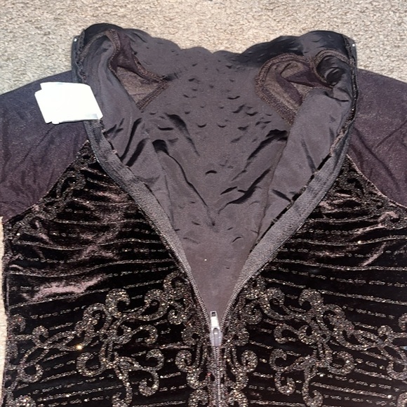 Tadashi Shoji Vintage Mock Neck Long Sleeve Sheer Velvet Beaded Top Brown XS - Picture 8 of 10